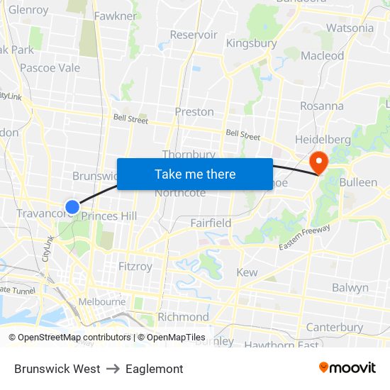 Brunswick West to Eaglemont map