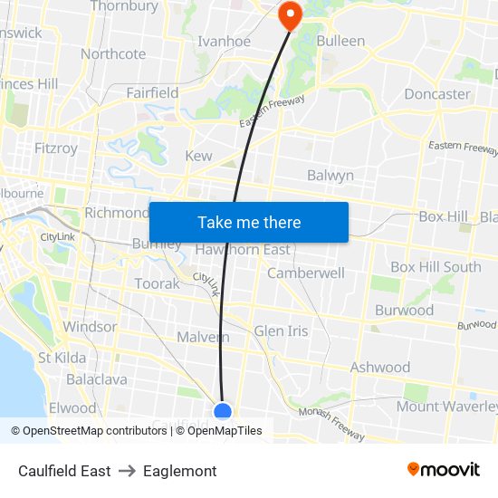 Caulfield East to Eaglemont map