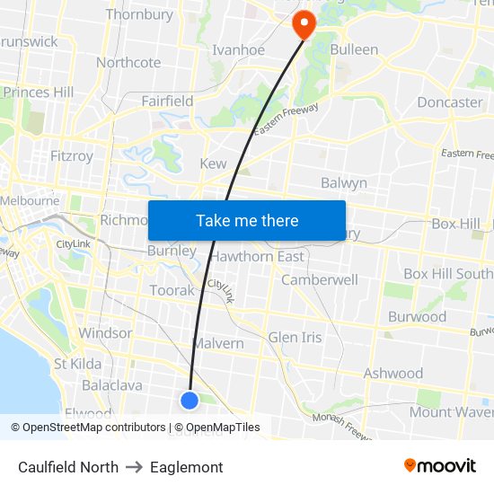 Caulfield North to Eaglemont map