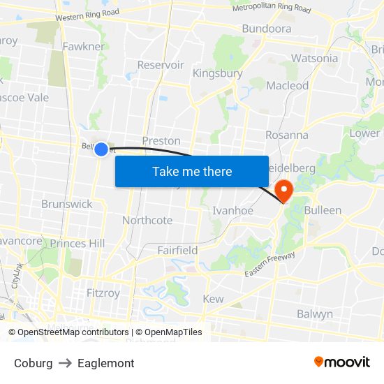 Coburg to Eaglemont map