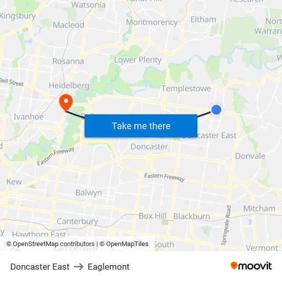 Doncaster East to Eaglemont map