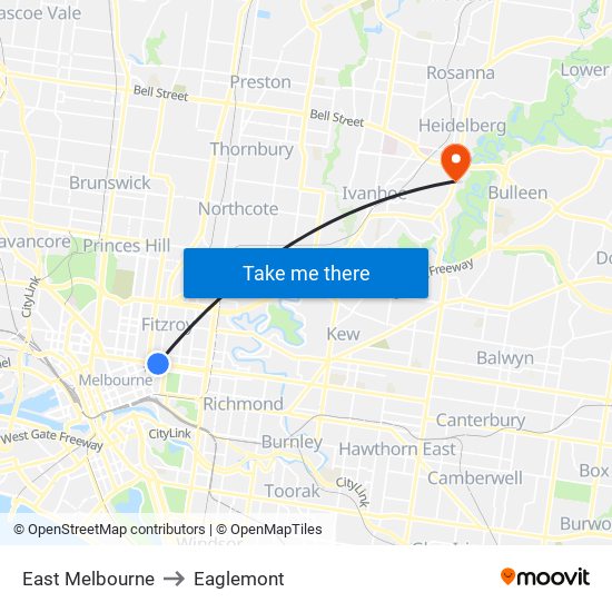 East Melbourne to Eaglemont map