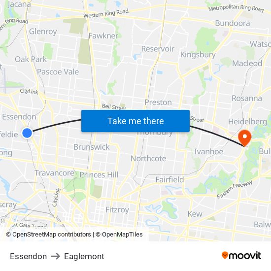 Essendon to Eaglemont map