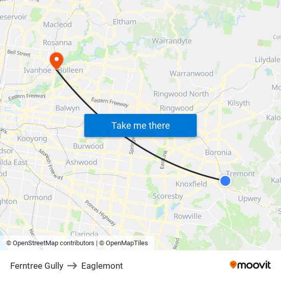 Ferntree Gully to Eaglemont map