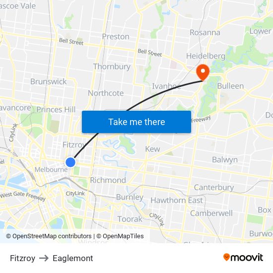 Fitzroy to Eaglemont map