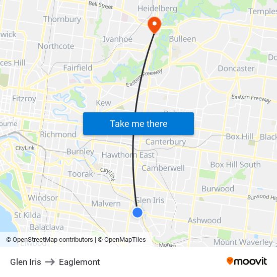 Glen Iris to Eaglemont map