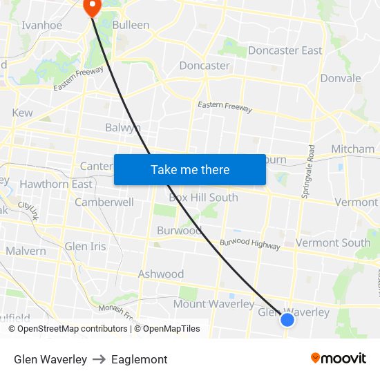 Glen Waverley to Eaglemont map