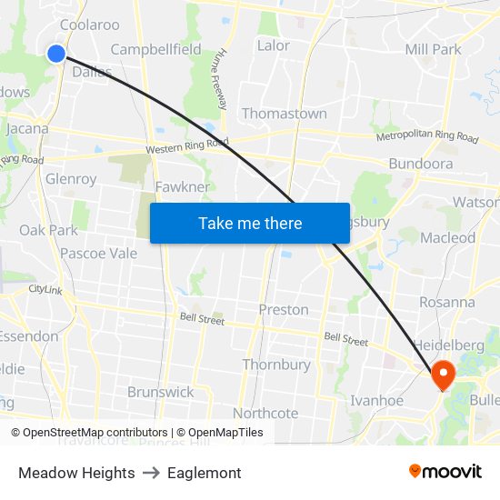 Meadow Heights to Eaglemont map