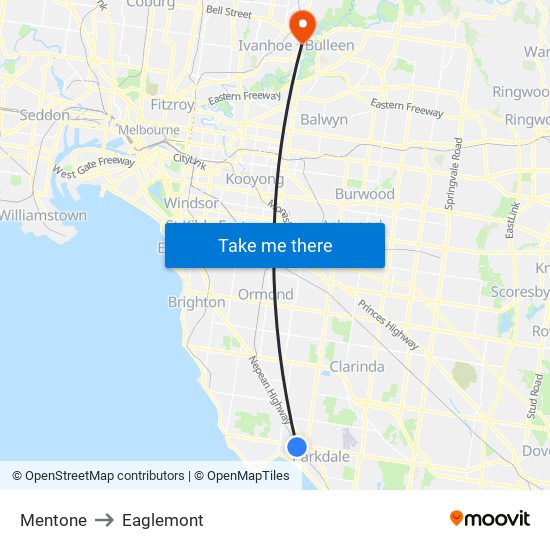 Mentone to Eaglemont map