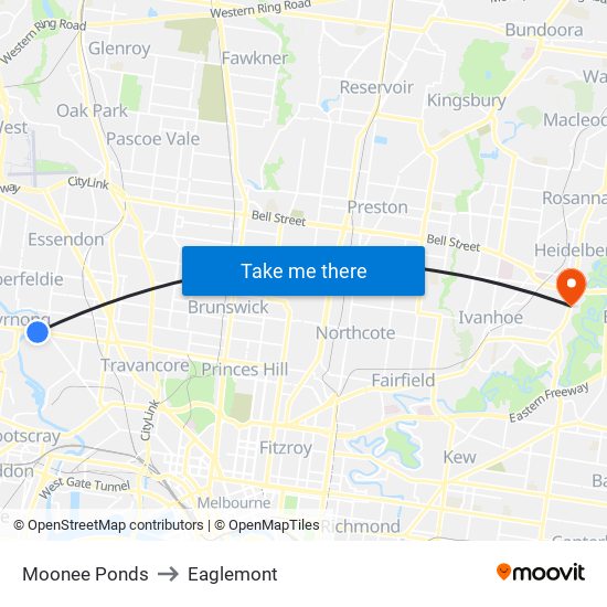 Moonee Ponds to Eaglemont map