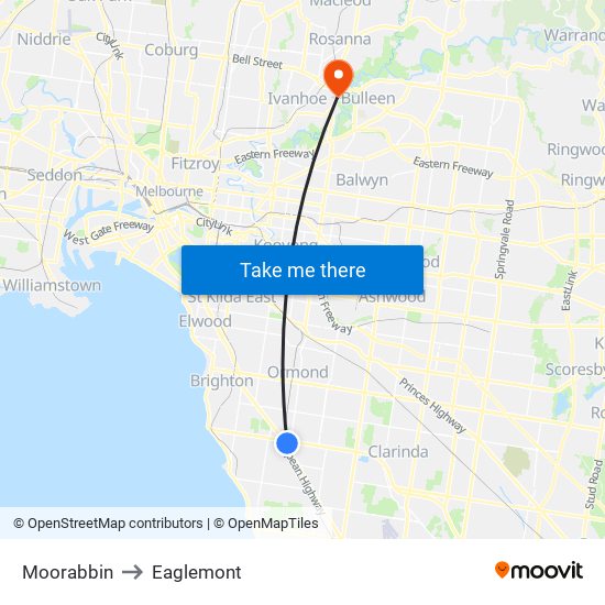 Moorabbin to Eaglemont map