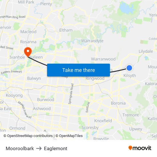 Mooroolbark to Eaglemont map