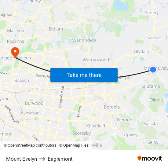 Mount Evelyn to Eaglemont map