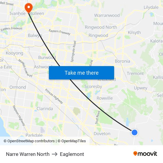 Narre Warren North to Eaglemont map