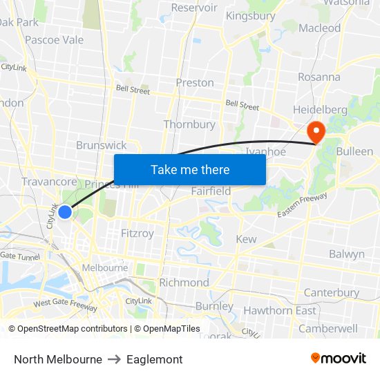 North Melbourne to Eaglemont map