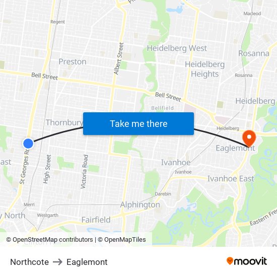 Northcote to Eaglemont map