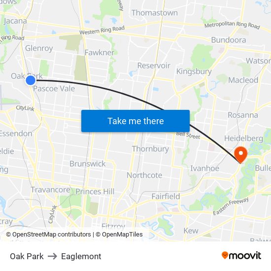 Oak Park to Eaglemont map