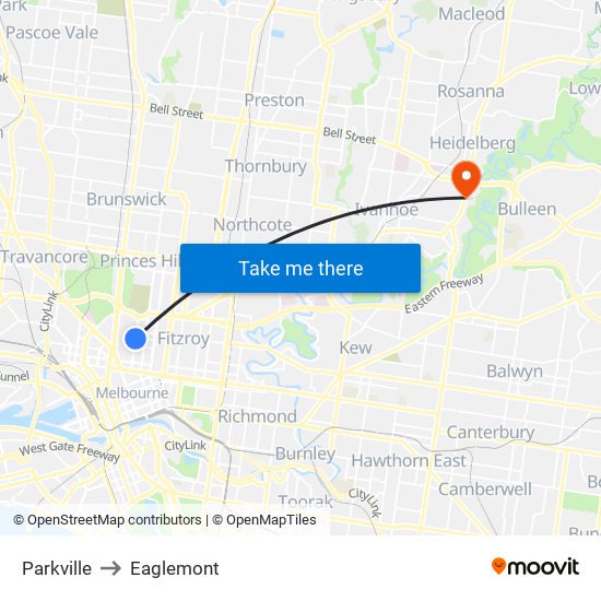 Parkville to Eaglemont map