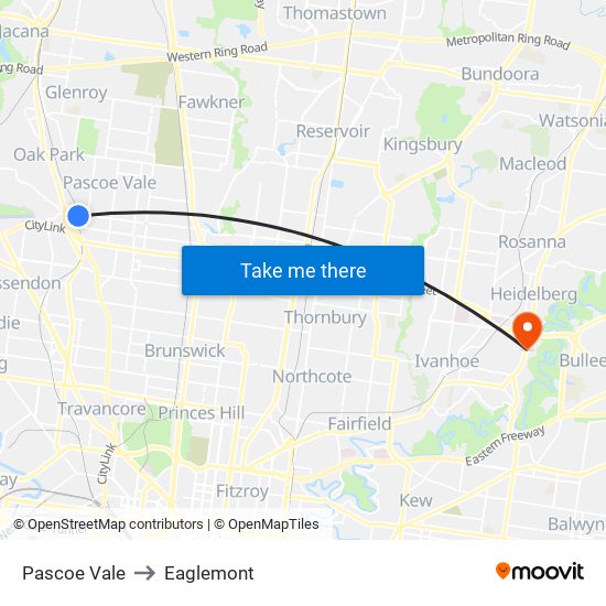 Pascoe Vale to Eaglemont map