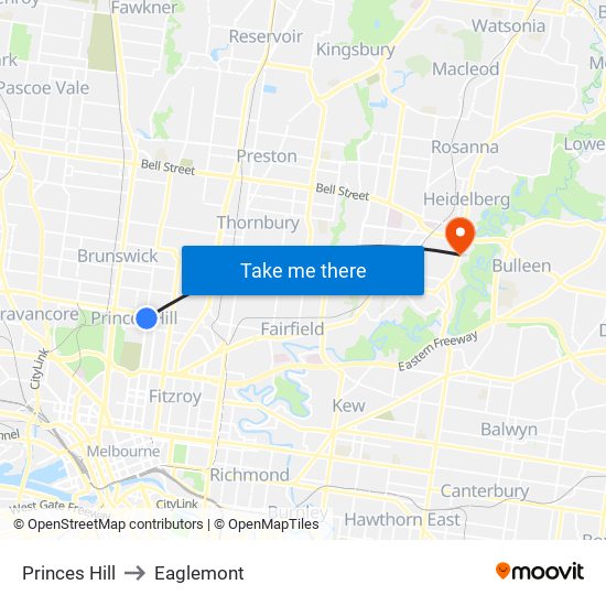 Princes Hill to Eaglemont map