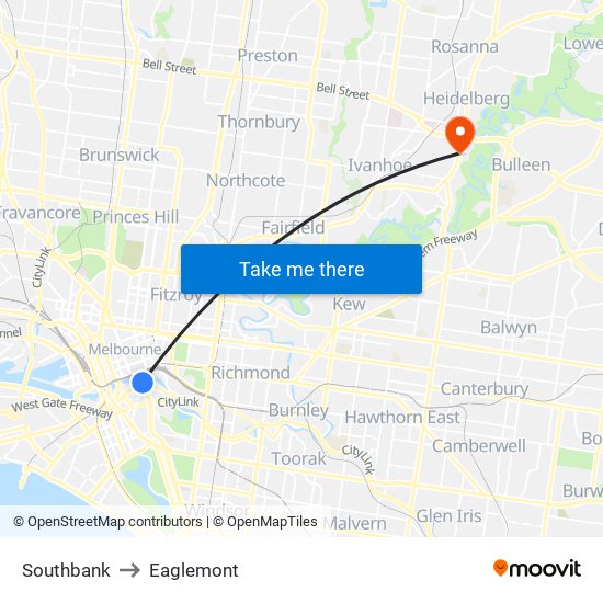 Southbank to Eaglemont map