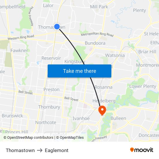 Thomastown to Eaglemont map