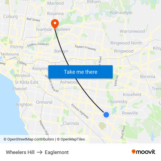 Wheelers Hill to Eaglemont map