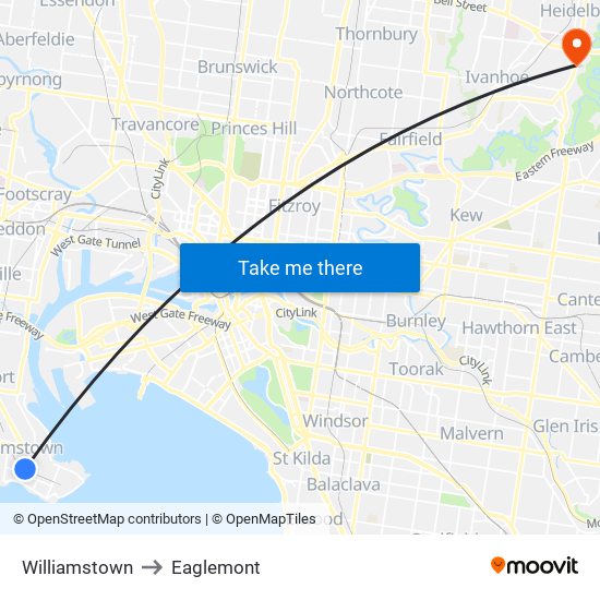 Williamstown to Eaglemont map