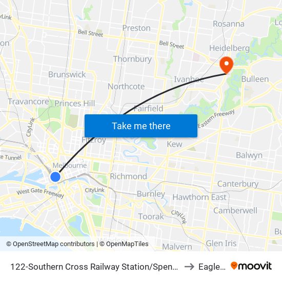 122-Southern Cross Railway Station/Spencer St (Melbourne City) to Eaglemont map