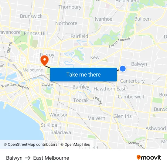 Balwyn to East Melbourne map