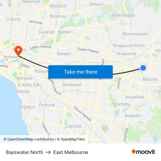 Bayswater North to East Melbourne map