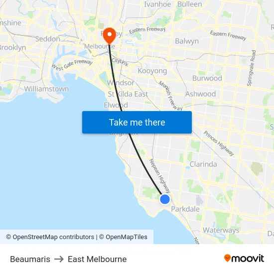 Beaumaris to East Melbourne map
