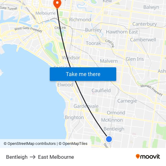 Bentleigh to East Melbourne map