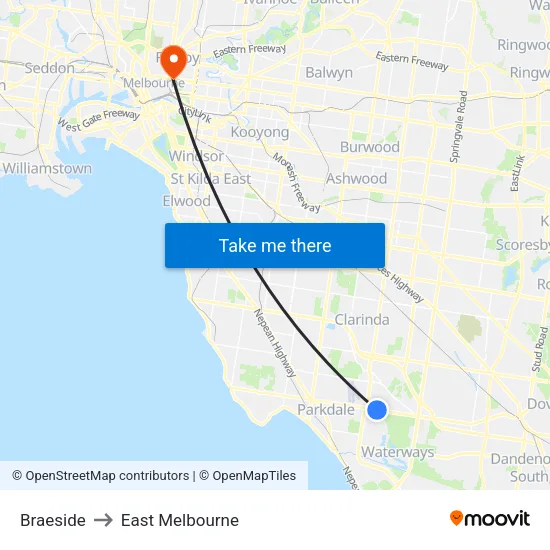 Braeside to East Melbourne map