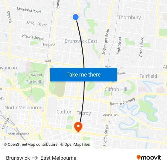Brunswick to East Melbourne map
