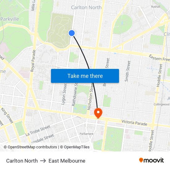 Carlton North to East Melbourne map