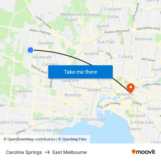 Caroline Springs to East Melbourne map
