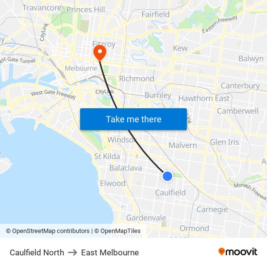 Caulfield North to East Melbourne map