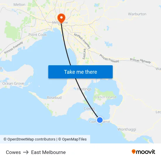 Cowes to East Melbourne map