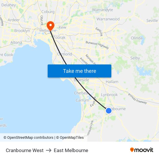 Cranbourne West to East Melbourne map