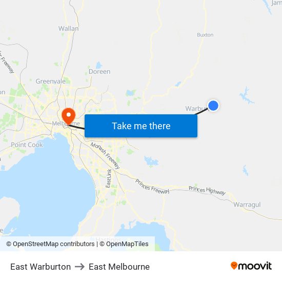 East Warburton to East Melbourne map