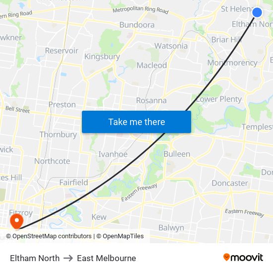 Eltham North to East Melbourne map