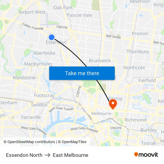 Essendon North to East Melbourne map