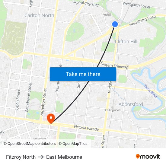 Fitzroy North to East Melbourne map