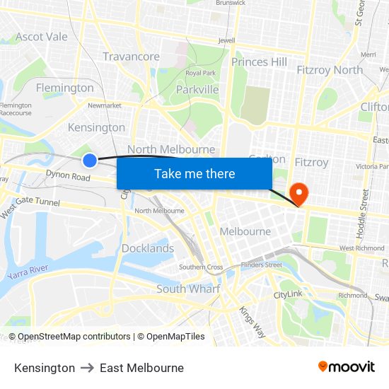 Kensington to East Melbourne map