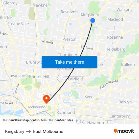 Kingsbury to East Melbourne map