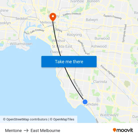 Mentone to East Melbourne map