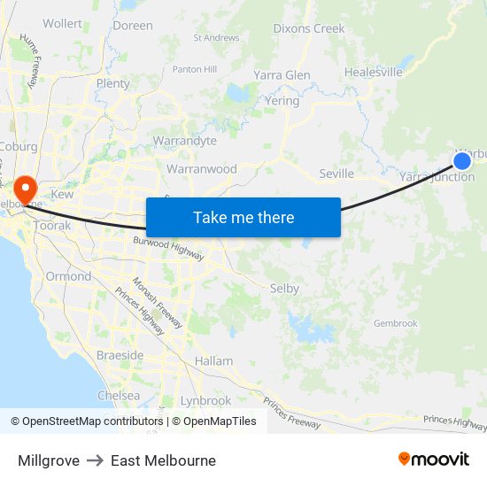 Millgrove to East Melbourne map