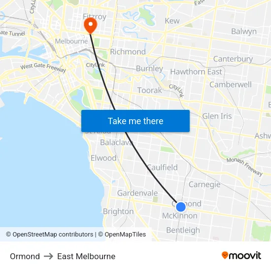 Ormond to East Melbourne map