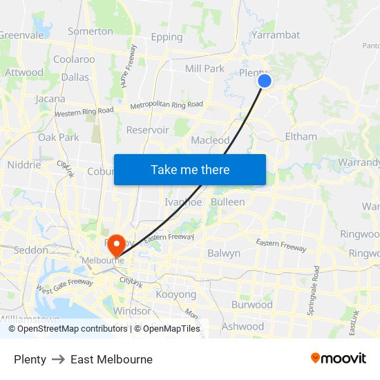 Plenty to East Melbourne map